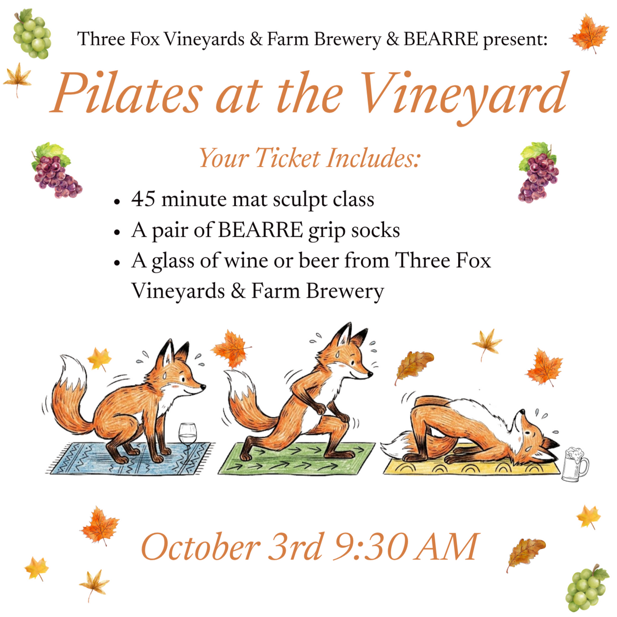 10/3/26 Three Fox Vineyards Pilates Event Ticket
