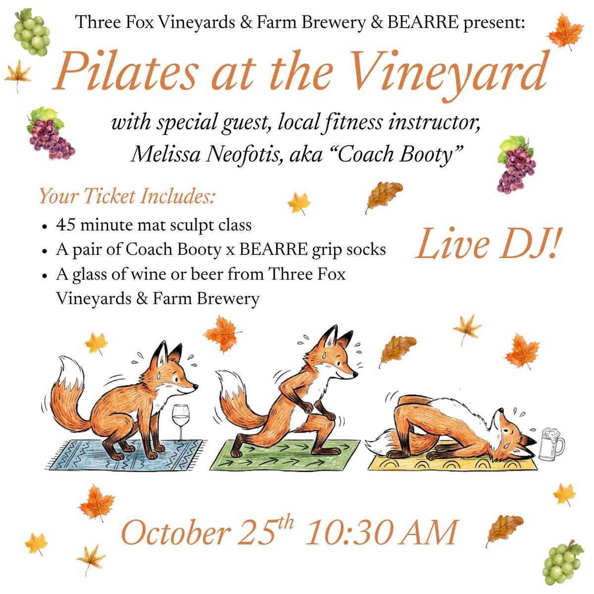 10/25/26 Three Fox Vineyards Pilates Event Ticket